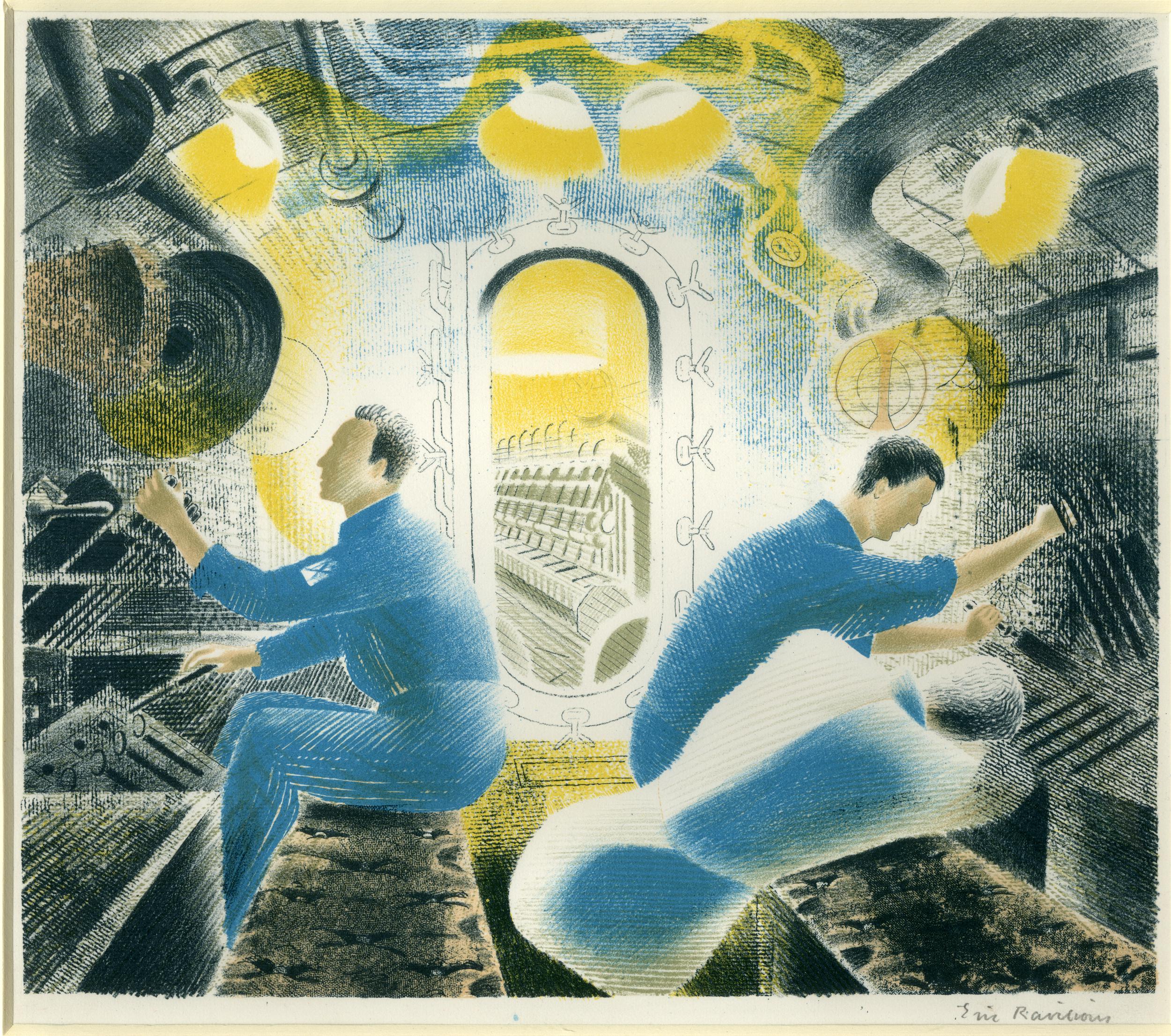 colour lithograph in predominantly dark blue, light blue and yellow