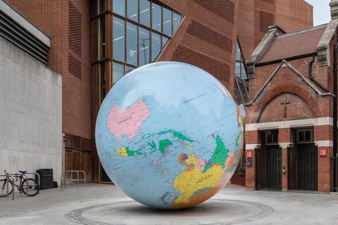 The World Turned Upside Down is a large political globe, four metres in diameter, with nation states and borders outlined