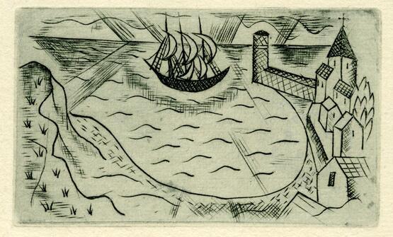 Ship in harbour (Illustration to Coleridge's The Ancient Mariner series, plate 9) (1929)