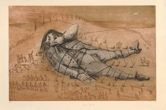 Voyage to Lilliput: Gulliver and the Orator (from a series of eight etchings of Jonathan Swift's 'Gulliver's Travels') (1950)