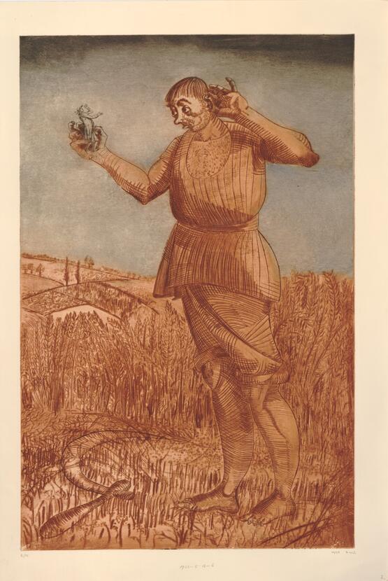 Voyage to Brobdingnag: Gulliver found in the cornfield (from a series of eight etchings of Jonathan Swift's 'Gulliver's Travels') (1950)